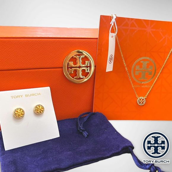 NWT Tory Burch Miller Pavé Logo Set - 18k Gold Plated Necklace & Earrings $196 - Picture 6 of 12